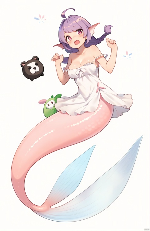  score_9, score_8_up, score_7_up, score_6_up, , jijia, 2d, anime, mermaid, Fishtail, dress, 1girl, white background, white dress, monster girl, long hair, simple background, braid, open mouth, hands up, pink eyes, bag, solo, ahoge, breasts, jewelry, strap slip, single braid, full body, bare shoulders, ring, purple hair, stuffed toy, blush, stuffed animal, fang, cleavage, a cartoon mermaid in a white dress and pink tail, a little girl wearing a dress is holding a panda bear,