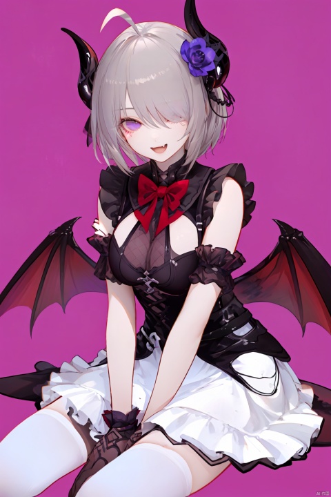  nai3, 1girl, solo, ahoge, virtual youtuber, , flower, looking at viewer, sitting, open mouth, smile,bangs,between legs,  :d, hand between legs, purple background, fang, feet out of frame,haoche
\\\\\\\\\\\\\\
bomu, 1girl, rita rossweisse, horns, gloves, wings, breasts, hair over one eye, short hair, thighhighs, lower,