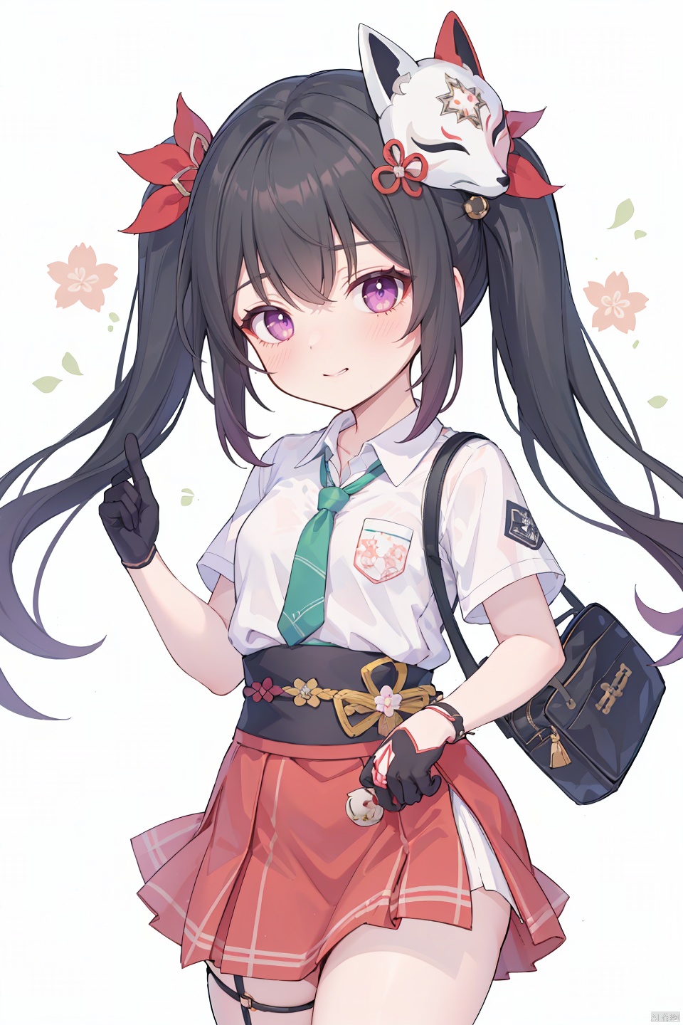  masterpiece, best quality,1girl, school uniform, alternate costume, solo, skirt, bag, necktie, multicolored hair, hair ornament, looking at viewer, blush, plaid skirt, school bag, plaid, charm (object), bag charm, cross-shaped pupils, bangs, contemporary, braid, hair between eyes, grey hair, sidelocks, jewelry, pleated skirt, green skirt, white shirt, green necktie, collared shirt, character name, female child, white background, leaf hair ornament, 

huahuo, 1girl, single_glove, mask on head, sash, black hair, twintails, purple eyes, obi, (fox mask:1.1), single glove,(Cherry blossom tattoo, chest tattoo:1.1),school_uniform,school_girl,school_uniforms,black_hair
