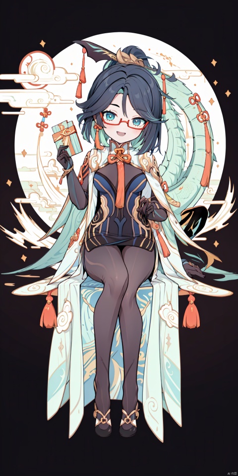  {artist:rella}, {artist:ask(askzy)},[artist:ningen_mame],artist:ciloranko, [artist:rei(sanbonzakura)],(hyper cute girl:1.1025), (flat color, vector art:1.3401), Chinese dragon theme, beautiful detailed eyes, hyper-detailed, hyper quality, eye-beautifully color, face, (her hair is shaped like a Chinese dragon, Chinese dragon, hair, Chinese dragon:1.2763), (1girl:1.2155), (high details, high quality:1.1576), (backlight:1.1576), high quality, (title:happy new year 2024:1.3), (cover design:1.2), simple background, cover art, trim, album_art, 
/, /, /, /, /, /, /, 
1girl, (chibi), xianyun, 1girl, chinese clothes, (ponytail, hair stick,hair ornament), glasses, jewelry, earrings, multicolored hair, black hair, dress, standing, gloves, green hair, red-framed eyewear, black pantyhose,
/, /, /, /, 
(((holding a little Chinese dragon))), (((sitting, Chinese dragon on legs))), [[smile]], large breast, dragon, (((Chinese dragon print))), (Loong:1.2), pajamas, kimono, bare shoulders, 
/, /, /, /, /, /, 
Chinese text,red_bandeau,year of the loong,loong pattern,lantern, red background, ((simple background)), ((happy new year 2024, new year theme, new year, 2024, gift box,)), (red decorations on dragon), ((Chinese new year)), Chinese knot, red ornaments, spring festival, 
/, /, /, /, /, /, /, 
hair with body, CTA dress, CAY leg, Loong hands, body with Loong, dress with Loong, light particles, (Hair with Loong:1.2155), small breast with Loong, 1girl, small breast, marbling with hair and clothes, (original:1.1025), (arm down:1.1025), (paper cutting:1.1025), 
------, 
Low saturation, grand masterpiece, Perfect composition, film light, light art
