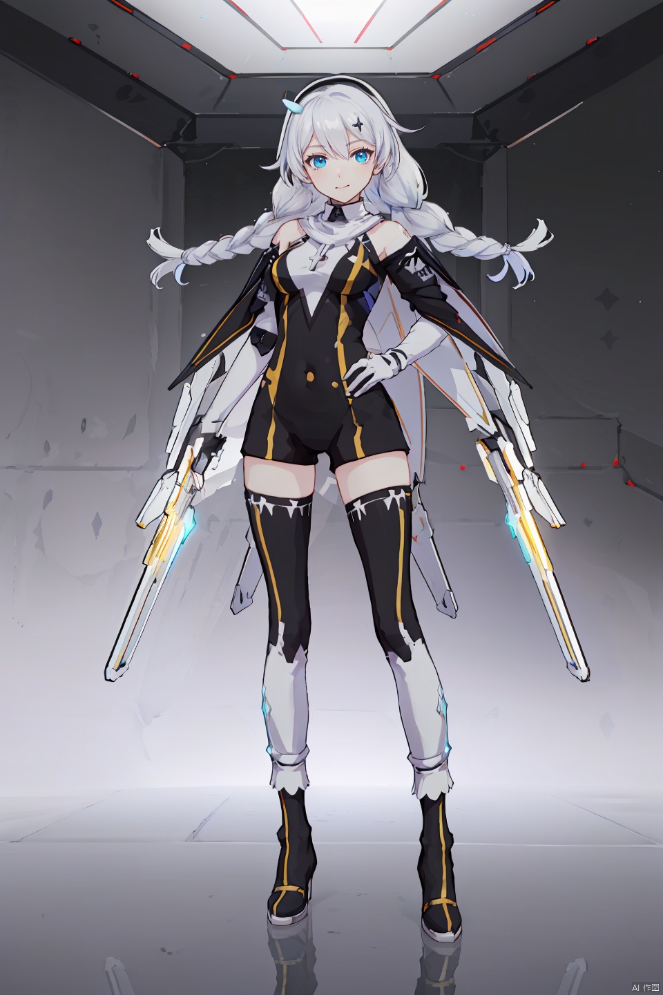 4 girls,Many girls,full-body,each girl has weapons, technological weapons,The overall style is slightly brighter, with a golden mecha **** behind it that exudes a strong sense of technology,masterpiece,best quality,Ultra-high resolution,Realistic,The overall style is golden, with golden armor that shines,sense of reality,The ultimate detail,8K wallpaper,Professional lighting,The perfect hand,Realistic hands,1girl,solo,standing,Technological city background, sunshine, futuristic technology, perfect face,full bodyWearing a mecha,mechanical joint,dynamic posture,machinery,Heela collections,((dynamic pose), technological weapons, 
\\\\\\\\\\\\\\\\\


shennv, 1girl, braid, thighhighs, long hair, blue eyes, twin braids, gloves, white thighhighs, kiana kaslana, white gloves,