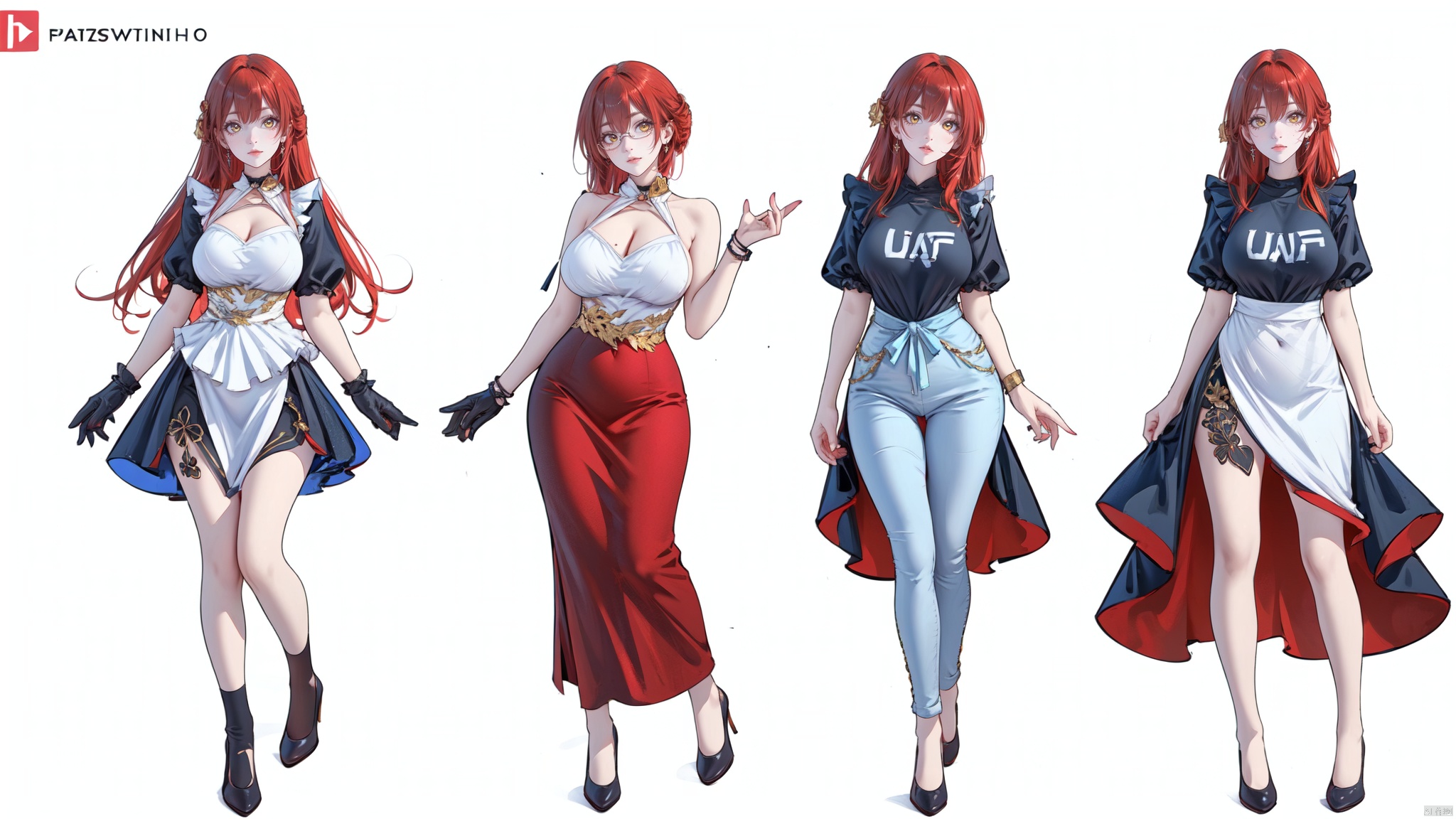  8k, best quality, masterpiece, (ultra-detailed:1.1), (high detailed skin),
(full body:1.3),
////////////////////////
jizi,1girl,red hair,yellow eyes,long hair,bangs,breasts,
///////////////////////////////
clothesviews,Differentclothes,Dress-updisplay,multipleviews,maid,t-shirt,blue_jeans,glasses,bunny_suit ,sports_uniform,nurse,white background, simple background,
\\\\\\\\\\\\\\\\\\\\\\
(beautiful_face), ((intricate_detail)), clear face,
((finely_detailed)), fine_fabric_emphasis,
((glossy)), full_shot, Anime, melowh, Art style, fantasy