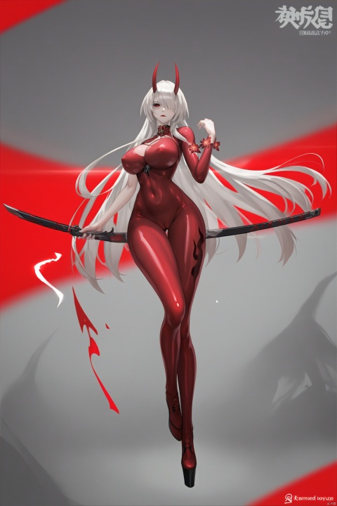  score_9, score_8_up, score_7_up, good hands
whuangquan, white hair, asymmetrical clothes, 1girl, breasts, long hair, red eyes, hair over one eye,navel,bangs,cleavage, bloody hand, single glove, 
jijia, 2d, anime, 1girl, solo, weapon, bodysuit, breasts,  sword, long hair, skin tight, katana, oni horns, covered nipples, bangs, holding weapon, large breasts, full body, latex, latex bodysuit, platform footwear, looking at viewer, holding, sheath, holding sword, impossible bodysuit, red bodysuit, oni, impossible clothes, blunt bangs, shiny, shiny clothes,a woman in a red bodysuit holding a sword,a woman in red skin with a giant sword
