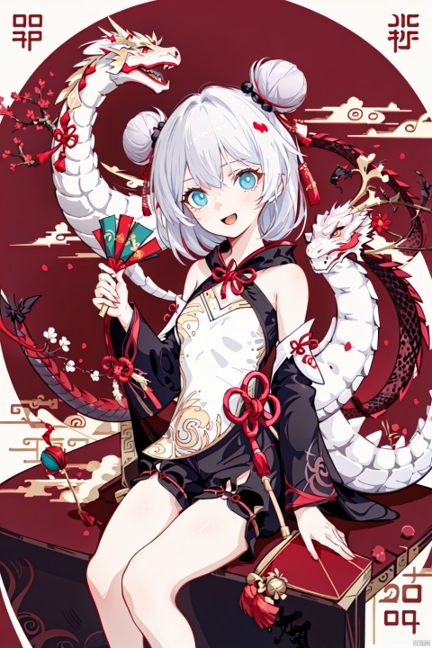  {artist:rella}, {artist:ask(askzy)},[artist:ningen_mame],artist:ciloranko, [artist:rei(sanbonzakura)],(hyper cute girl:1.1025), (flat color, vector art:1.3401), Chinese dragon theme, beautiful detailed eyes, hyper-detailed, hyper quality, eye-beautifully color, face, (her hair is shaped like a Chinese dragon, Chinese dragon, hair, Chinese dragon:1.2763), (1girl:1.2155), (high details, high quality:1.1576), (backlight:1.1576), high quality, (title:happy new year 2024:1.3), (cover design:1.2), simple background, cover art, trim, album_art, 
/, /, /, /, /, /, /, 
1girl, (chibi), (tangou:1.3), 1girl, theresa apocalypse, double bun, hair bun, chinese clothes, blue eyes, bare shoulders, bangs, white short hair, black shorts,
/, /, /, /, 
(((holding a little Chinese dragon))), (((sitting, Chinese dragon on legs))), [[smile]], large breast, dragon, (((Chinese dragon print))), (Loong:1.2), pajamas, kimono, bare shoulders, 
/, /, /, /, /, /, 
Chinese text,red_bandeau,year of the loong,loong pattern,lantern, red background, ((simple background)), ((happy new year 2024, new year theme, new year, 2024, gift box,)), (red decorations on dragon), ((Chinese new year)), Chinese knot, red ornaments, spring festival, 
/, /, /, /, /, /, /, 
hair with body, CTA dress, CAY leg, Loong hands, body with Loong, dress with Loong, light particles, (Hair with Loong:1.2155), small breast with Loong, 1girl, small breast, marbling with hair and clothes, (original:1.1025), (arm down:1.1025), (paper cutting:1.1025), 
------, 
Low saturation, grand masterpiece, Perfect composition, film light,lightart
,鏃�, eastern dragon, nai3