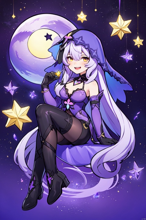 nai3, 1girl, solo, ahoge, virtual youtuber, , flower, looking at viewer, sitting, open mouth, smile,bangs,between legs, :d, hand between legs, purple background, fang, feet out of frame,haoche\\\\\\\\\\\\\\stars,moon,cards,floating things,

hte,1girl,long hair,boots,purple hair,black gloves,veil,cleavage,pantyhose,large breasts,shorts,yellow eyes,