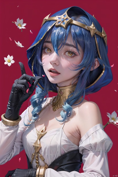  (masterpiece, best quality),a girl, solo, open mouth,  hair between eyes, looking at viewer, upper body, hand up, falling petals, depth of field, strong bloom, red background
layla, def clothe, head ring, 1girl, long hair, pointy ears, white pantyhose, detached sleeves, blue hair, hair between eyes, gloves, drill locks, yellow eyes,(hood), , beautiful face