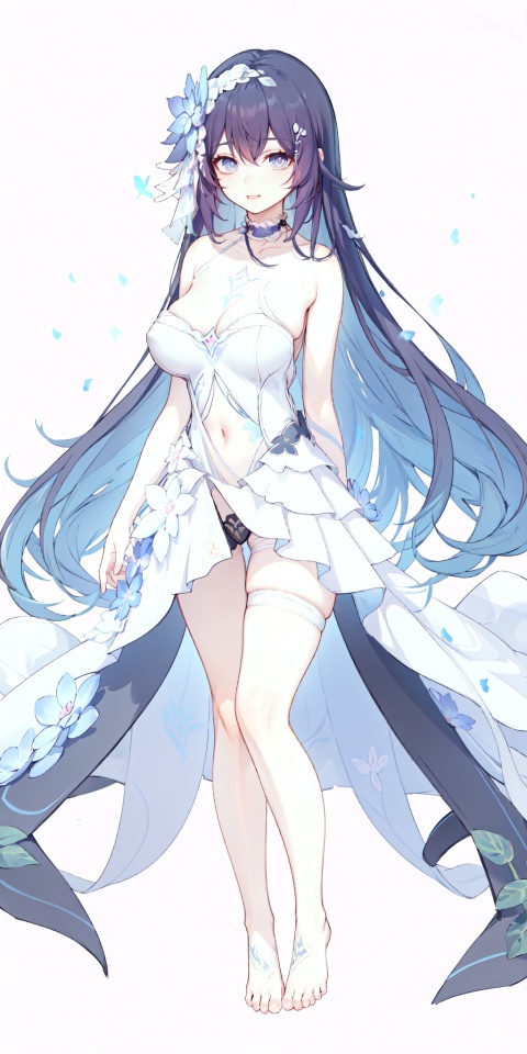  masterpiece, best quality, 
xier, 1girl, hair ornament, long hair, hair flower, blue eyes, bangs, barefoot,white dress,(very long dress:1.1),(single side horn ornament:0.5),
1girl, 1 girl, beautiful face, large breasts