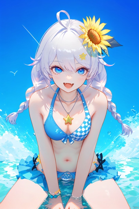  nai3, 1girl,  solo,  ahoge, virtual youtuber, , flower,  looking at viewer, sitting, open mouth, smile,bangs,between legs, sunflower,  :d, hand between legs, blue background, fang,  feet out of frame,haoche
\\\\\\\\\\\\\\
yz, swimsuit, blue eyes, bikini, long hair, sunflower, twin braids, braid, necklace, hair