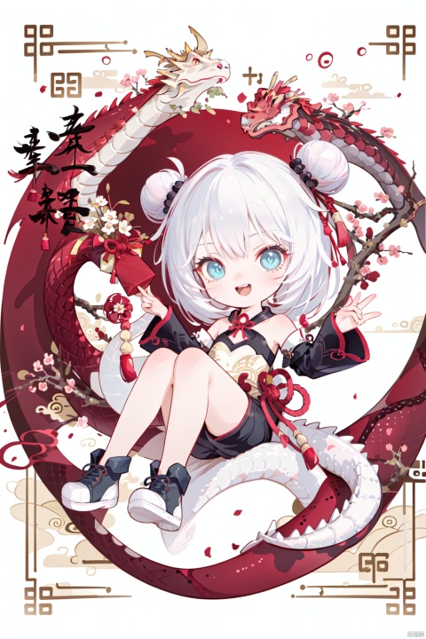  {artist:rella}, {artist:ask(askzy)},[artist:ningen_mame],artist:ciloranko, [artist:rei(sanbonzakura)],(hyper cute girl:1.1025), (flat color, vector art:1.3401), Chinese dragon theme, beautiful detailed eyes, hyper-detailed, hyper quality, eye-beautifully color, face, (her hair is shaped like a Chinese dragon, Chinese dragon, hair, Chinese dragon:1.2763), (1girl:1.2155), (high details, high quality:1.1576), (backlight:1.1576), high quality, (title:happy new year 2024:1.3), (cover design:1.2), simple background, cover art, trim, album_art, 
/, /, /, /, /, /, /, 
1girl, (chibi), (tangou:1.3), 1girl, theresa apocalypse, double bun, hair bun, chinese clothes, blue eyes, bare shoulders, bangs, white short hair, black shorts,
/, /, /, /, 
(((holding a little Chinese dragon))), (((sitting, Chinese dragon on legs))), [[smile]], large breast, dragon, (((Chinese dragon print))), (Loong:1.2), pajamas, kimono, bare shoulders, 
/, /, /, /, /, /, 
Chinese text,red_bandeau,year of the loong,loong pattern,lantern, red background, ((simple background)), ((happy new year 2024, new year theme, new year, 2024, gift box,)), (red decorations on dragon), ((Chinese new year)), Chinese knot, red ornaments, spring festival, 
/, /, /, /, /, /, /, 
hair with body, CTA dress, CAY leg, Loong hands, body with Loong, dress with Loong, light particles, (Hair with Loong:1.2155), small breast with Loong, 1girl, small breast, marbling with hair and clothes, (original:1.1025), (arm down:1.1025), (paper cutting:1.1025), 
------, 
Low saturation, grand masterpiece, Perfect composition, film light,lightart
,鏃�, eastern dragon, nai3