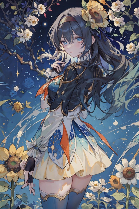 
Beautiful woman, sunflower field, amber eyes, 8k, best quality, (van gogh, starry night background), detailed hair, detailed eyes, mtianmei
\\\\\\\\\\\,
liuying,def clothe,1girl,black thighhighs,blue eyes,hairband,long hair,black hairband,fingerlessgloves,skirt,
, mLD