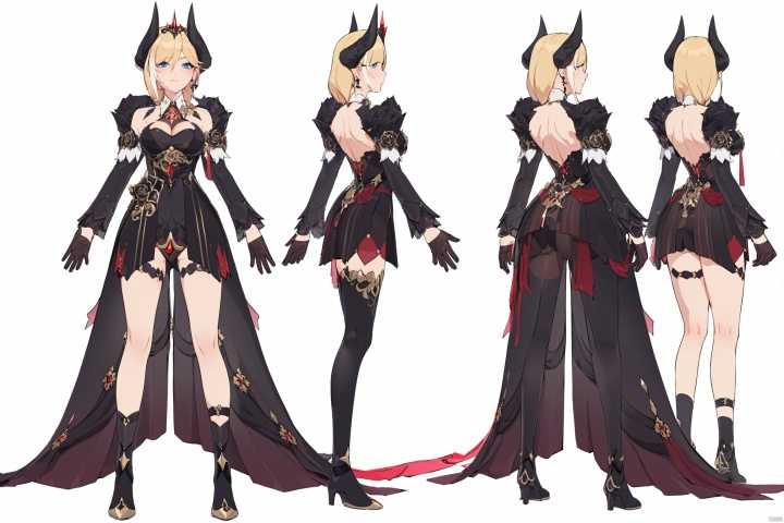  8k, best quality, masterpiece, (ultra-detailed:1.1), (high detailed skin),
(full body),
,,
dyl,1girl,blonde hair,gloves,blue eyes,horns,breasts,blackgloves,blackdress,blacksinglethighhigh,earrings,jewelry,

clothesviews,  Dress-up display same character, multiple views, different pose,ass,reference sheet,

\\\\\\\\\\\\\\\\\\\\\\