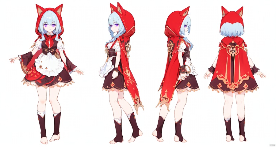 8k, best quality, masterpiece, (ultra-detailed:1.1), (high detailed skin),
,\\\\\\\\\\\\\\\\\\\\\
(rglx:1.2), 1girl, purple eyes, red hood, cat ears hood, dress, red cape, white waist apron,full body,
\\\\\\\\\\\\\\\\\\\\\\\ 
, clothesviews, Different clothes, Dress-up display, multiple views, looking_at_viewer,full body, back ,white background, simple background, 
, 