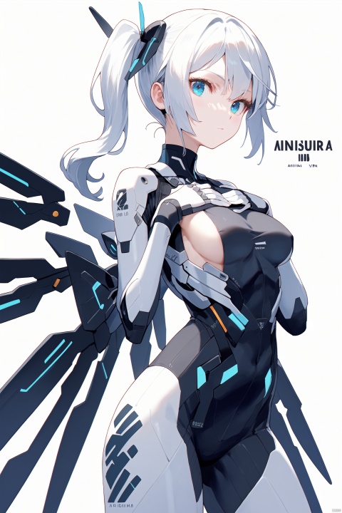 score_9, score_8_up, score_7_up, score_6_up,jijia, 2d, anime, 1girl, solo, blue eyes, breasts, white background, white hair, looking at viewer, wings, mecha musume, hand on own chest, bodysuit, simple background, side ponytail, mechanical wings, bangs, character name, medium breasts, ponytail, sideboob, closed mouth,a drawing of a female anime character,a girl with dark hair and a black and white sword
