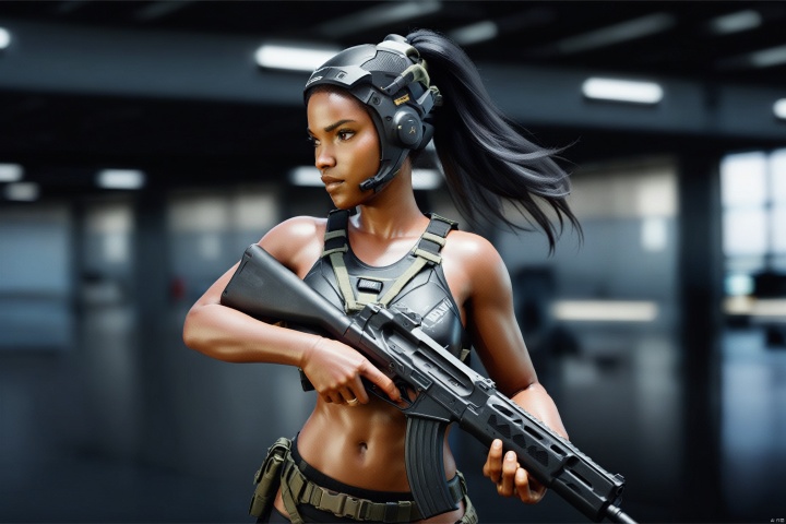  best quality,masterpiece,8k,(ultra-detailed),jijia, 3d, CG, weapon, 1girl, gun, solo, ponytail, rifle, holding weapon, assault rifle, holding, blurry background, armor, dark skin, holding gun, black hair, blurry, dark-skinned female, science fiction, realistic,a woman holding a gun and wearing a helmet,the female alien is holding a gun