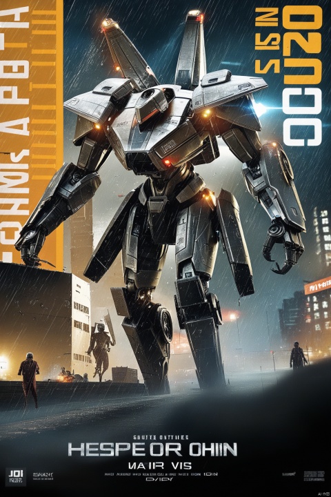  score_9, score_8_up, score_7_up, score_6_up,jijia, 3d, CG, robot, mecha, science fiction, realistic, no humans, english text, aircraft, damaged, helicopter, rain, lights,a movie poster with a giant robot on it,a poster for a movie about an alien, and an alien is coming to attack people