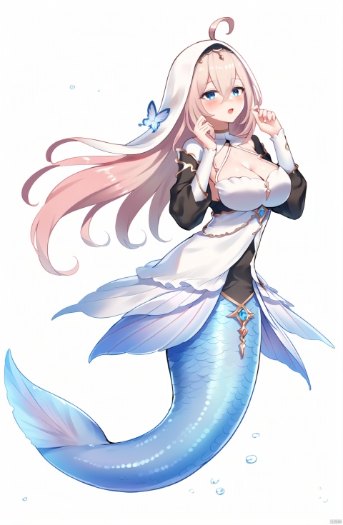  score_9, score_8_up, score_7_up, score_6_up, , 
jijia, 2d, anime,( mermaid, Fishtail:1.1), dress, 1girl, white background, monster girl, long hair, simple background, open mouth, hands up, solo, ahoge, breasts, jewelry, full body, blush, cleavage,a cartoon mermaid with pink tail,
aponia, nun, 1girl, breasts, bangs,blue eyes,long hair, hair between eyes, blue butterfly, longsleeves,veil,