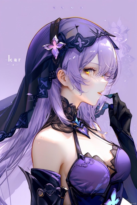  Revised sentence: "A solo girl . She has parted lips and is looking at the viewer from the side profile while standing against a simple purple background with a purple flower. Her upper body, which has English text on it. Additionally, she has bangs and another hair flower."
hte,1girl,long hair,boots,purple hair,black gloves,veil,cleavage,pantyhose,large breasts,shorts,yellow eyes,