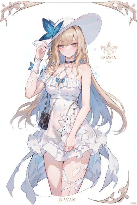  masterpiece, best quality,1girl, alternate costume, solo, bag, looking at viewer, blush, plaid, charm (object), bag charm, bangs, contemporary, sidelocks, jewelry, character name, female woman, white background, 
\\\\\\\\\\
,,Card borders, character cards, diamond-studded gold-plated borders,,
\\\\\\\\\\\,
abyz,see-through dress,1girl,hat,breasts,long hair,dress,butterfly,blond hair
