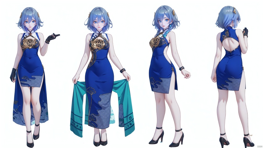  8k, best quality, masterpiece, (ultra-detailed:1.1), (high detailed skin),
(full body:1.3),
////////////////////////
qingyan,1girl,fu hua,chinese clothes,blue eyes,short china dress,lhair ornament,black hair,bangs,bare hands,sleeveless,blue eyes,
///////////////////////////////
clothesviews, Different clothes, Dress-up display, multiple views, looking_at_viewer,full body, back ,white background, simple background,
\\\\\\\\\\\\\\\\\\\\\\
(beautiful_face), ((intricate_detail)), clear face,
((finely_detailed)), fine_fabric_emphasis,
((glossy)), full_shot, Anime, melowh, Art style, fantasy