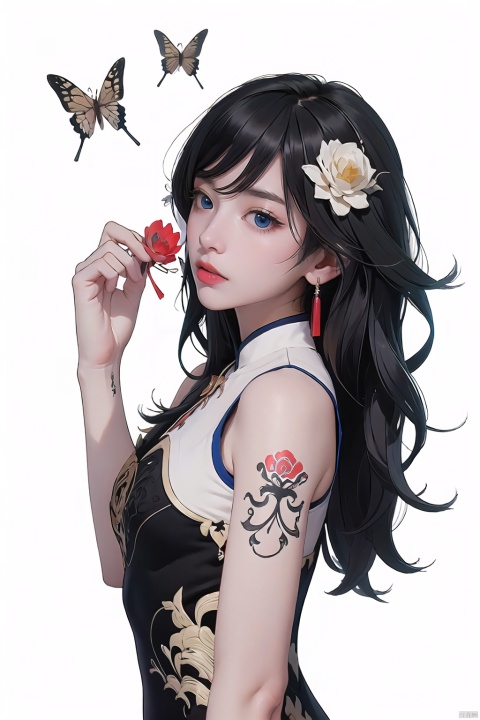  best,8k,UHD,masterpiece,bright ,high quality,flat color,1girl,
//////////////
Anime girl holding a red lotus flower. There are white butterflies and black butterflies flying around her, and there is a cobweb on her arm. The background is dark with many black leaves scattered around.
\\\\\\\\\\\
“Girl_in_the_Spider’s_Web”
white_and_purple_butterfly_accessories
black_spider_tattoo
white_butterflies
cobweb_background
gothic
surreal
fantasy
manga
dark_romantic
\\\\\\\\\\\\\\
qingyan,1girl,fu hua,chinese clothes,blue eyes,short china dress,lhair ornament,black hair,bangs,bare hands,sleeveless,blue eyes, guzhuang, seductive eyes