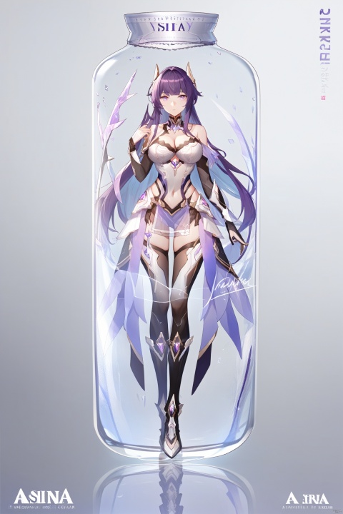  score_9, score_8_up, score_7_up, score_6_up,
4th clothes, shiyuan, Lady Cuirass-Skirt Armor, 1girl, purple eyes, long hair, purple hair,bangs,
 jjijia, 2d, anime, 1girl, solo, long hair, breasts, looking at viewer, in container, bangs, cleavage, see-through, standing, hand up, character name, large breasts, grey background, reflection, medium breasts, copyright name, gradient, a glass bottle with a picture of a woman on it, a picture of a girl inside a clear container with a bunch of stuff in it,