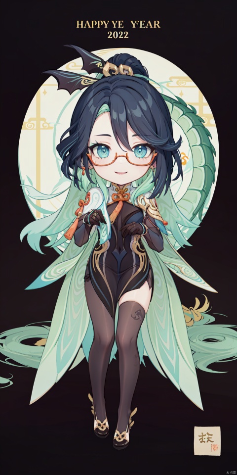 {artist:rella}, {artist:ask(askzy)},[artist:ningen_mame],artist:ciloranko, [artist:rei(sanbonzakura)],(hyper cute girl:1.1025), (flat color, vector art:1.3401), Chinese dragon theme, beautiful detailed eyes, hyper-detailed, hyper quality, eye-beautifully color, face, (her hair is shaped like a Chinese dragon, Chinese dragon, hair, Chinese dragon:1.2763), (1girl:1.2155), (high details, high quality:1.1576), (backlight:1.1576), high quality, (title:happy new year 2024:1.3), (cover design:1.2), simple background, cover art, trim, album_art, 
/, /, /, /, /, /, /, 
1girl, (chibi), xianyun, 1girl, chinese clothes, (ponytail, hair stick,hair ornament), glasses, jewelry, earrings, multicolored hair, black hair, dress, standing, gloves, green hair, red-framed eyewear, black pantyhose,
/, /, /, /, 
(((holding a little Chinese dragon))), (((sitting, Chinese dragon on legs))), [[smile]], large breast, dragon, (((Chinese dragon print))), (Loong:1.2), pajamas, kimono, bare shoulders, 
/, /, /, /, /, /, 
lantern, red background, ((simple background)), ((happy new year 2024, new year theme, new year, 2024, gift box,)), (red decorations on dragon), ((Chinese new year)), Chinese knot, red ornaments, spring festival, 
/, /, /, /, /, /, /, 
hair with body, CTA dress, CAY leg, Loong hands, body with Loong, dress with Loong, light particles, (Hair with Loong:1.2155), small breast with Loong, 1girl, small breast, marbling with hair and clothes, (original:1.1025), (arm down:1.1025), (paper cutting:1.1025), 
------, 
Low saturation, grand masterpiece, Perfect composition, film light, light art
