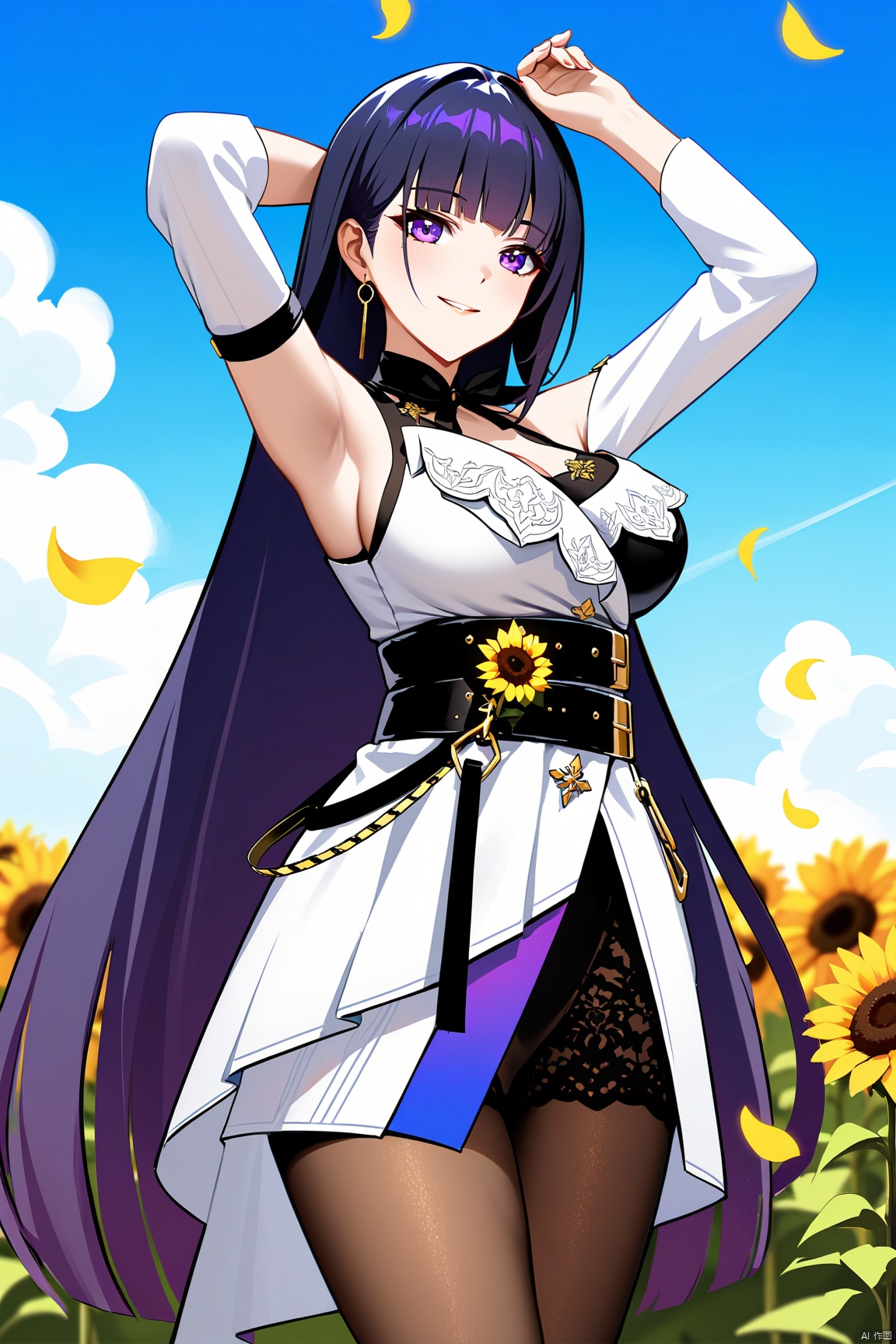  quality,masterpiece, 2nd clothes, houbeng, white dress, raiden mei, 1girl, long hair, purple eyes, pantyhose, purple hair,bangs,//BREAK,
1girl, sunflower, solo, flower, outdoors, breasts,smile, thighhighs, bangs, day, arm up, looking at viewer, sky, cloud, closed mouth, blue sky,blush, petals, standing, yellow flower, cowboy shot, field, see-through, large breasts, ribbon, medium breasts, //BREAK, fine fabric emphasis, maximalism, best quality, amazing quality, very aesthetic, absurdres, best quality, amazing quality, very aesthetic, absurdres, Highly detailed, best quality, masterpiece,
