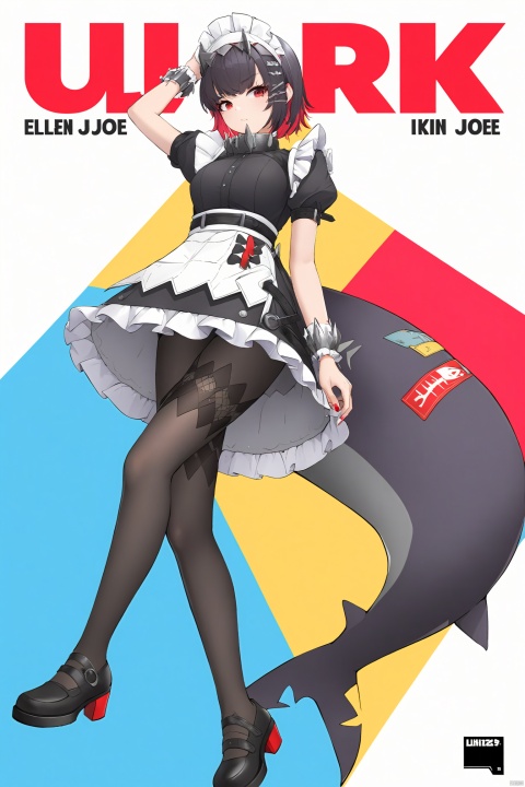 8k,best quality,masterpiece,(ultra-detailed),(high detailed skin),
magazine, (cover-style:1.1), fashionable, vibrant, outfit, posing, front, colorful, solo, looking at viewer, 
Ellen Joe, maid, shark tail, (shark girl:0.5), 1girl, red eyes, tail, pantyhose, multicolored hair, black footwear, short sleeves, apron, wrist cuffs, maid headdress,