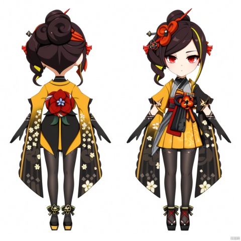  style-parody,chibi,,full_body,(masterpiece, best quality),standing,solo,(white background:1.2),simple background,
qianzhi, 1girl, gloves, black gloves, hair ornament, japanese clothes, pantyhose, kimono, red eyes, flower, black footwear, multicolored hair