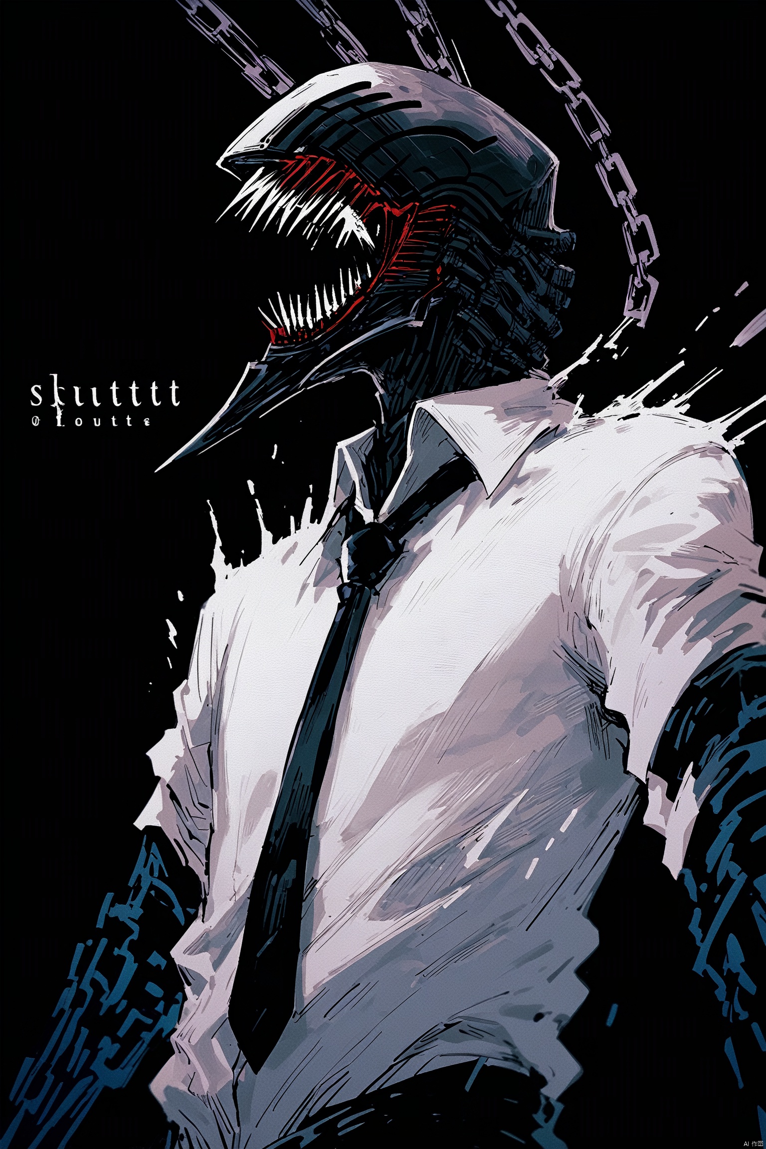  score_9, score_8_up, score_7_up, score_6_up,jijia, 2d, anime, shirt, black necktie, necktie, 1boy, white shirt, collared shirt, sharp teeth, denji (chainsaw man), solo, male focus, teeth, simple background, chain, chainsaw, black background, upper body,a picture of a man wearing a shirt and tie,an artwork of a man dressed in a white shirt and a black tie and wearing a reptilian head