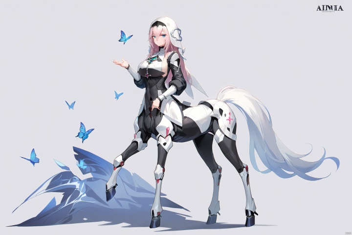  score_9, score_8_up, score_7_up, score_6_up,jijia,2d,anime, taur, 1girl, monster girl, solo, breasts, long hair, centaur, full body, looking at viewer, sidelocks, large breasts, standing, multiple legs, grey background,pink armor, mechanical legs, horse tail, tail, centauroid,empty hands,artist signature,no weapon,
(aponia, nun, def clothe), 1girl, breasts, bangs,blue eyes,long hair, hair between eyes, blue butterfly, longsleeves,veil,