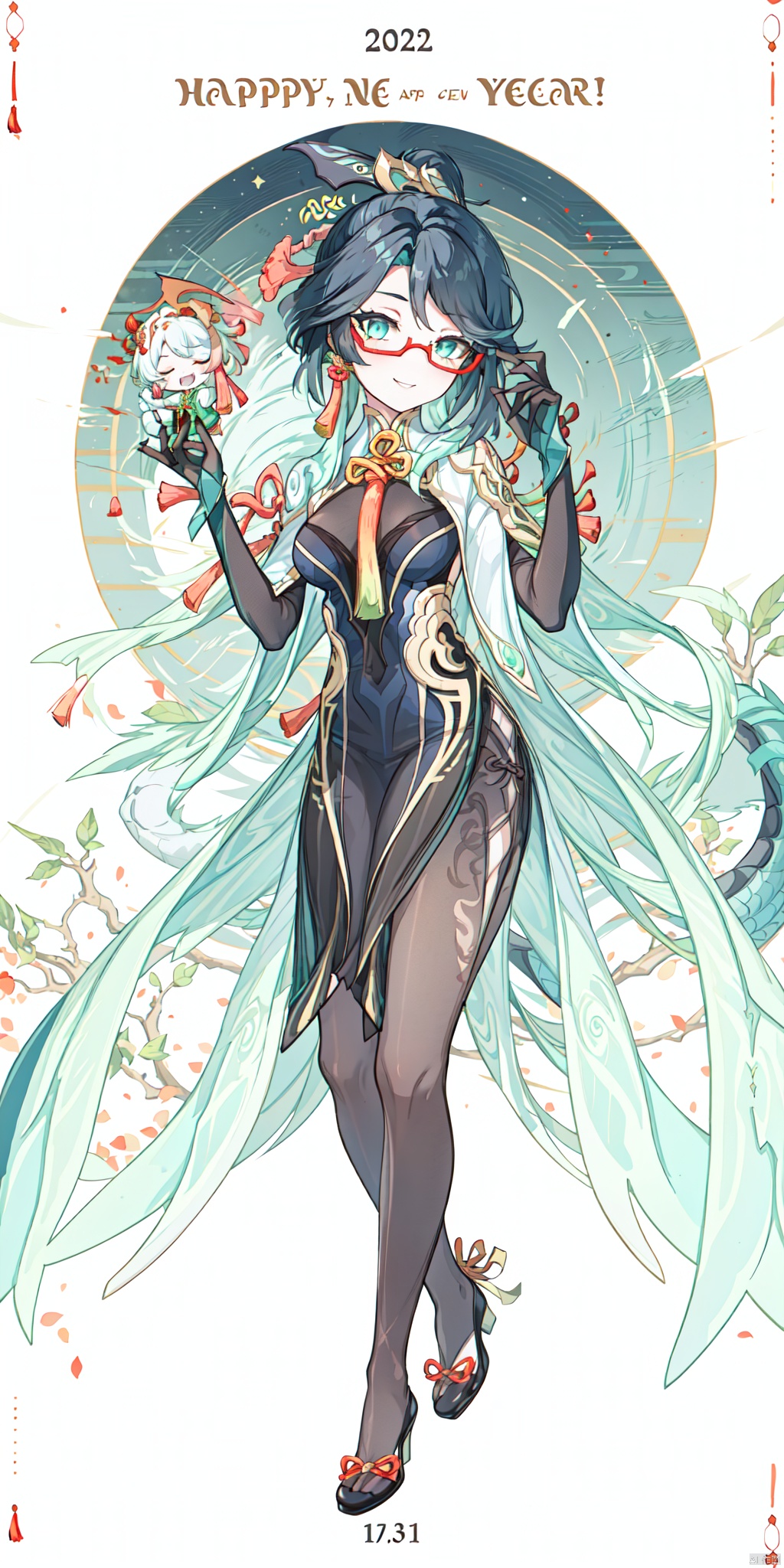  {artist:rella}, {artist:ask(askzy)},[artist:ningen_mame],artist:ciloranko, [artist:rei(sanbonzakura)],(hyper cute girl:1.1025), (flat color, vector art:1.3401), Chinese dragon theme, beautiful detailed eyes, hyper-detailed, hyper quality, eye-beautifully color, face, (her hair is shaped like a Chinese dragon, Chinese dragon, hair, Chinese dragon:1.2763), (1girl:1.2155), (high details, high quality:1.1576), (backlight:1.1576), high quality, (title:happy new year 2024:1.3), (cover design:1.2), simple background, cover art, trim, album_art, 
/, /, /, /, /, /, /, 
1girl, (chibi), xianyun, 1girl, chinese clothes, (ponytail, hair stick,hair ornament), glasses, jewelry, earrings, multicolored hair, black hair, dress, standing, gloves, green hair, red-framed eyewear, black pantyhose,
/, /, /, /, 
(((holding a little Chinese dragon))), (((sitting, Chinese dragon on legs))), [[smile]], large breast, dragon, (((Chinese dragon print))), (Loong:1.2), pajamas, kimono, bare shoulders, 
/, /, /, /, /, /, 
Chinese text,red_bandeau,year of the loong,loong pattern,lantern, red background, ((simple background)), ((happy new year 2024, new year theme, new year, 2024, gift box,)), (red decorations on dragon), ((Chinese new year)), Chinese knot, red ornaments, spring festival, 
/, /, /, /, /, /, /, 
hair with body, CTA dress, CAY leg, Loong hands, body with Loong, dress with Loong, light particles, (Hair with Loong:1.2155), small breast with Loong, 1girl, small breast, marbling with hair and clothes, (original:1.1025), (arm down:1.1025), (paper cutting:1.1025), 
------, 
Low saturation, grand masterpiece, Perfect composition, film light, light art
