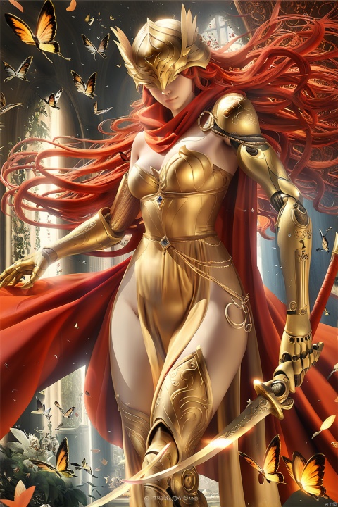  score_9, score_8_up, score_7_up, best quality, masterpiece, , jijia, 3d, CG, 1girl, prosthetic arm, prosthesis, winged helmet, long hair, red hair, helmet, weapon, red cape, sword, solo, single mechanical arm, mechanical arms, holding, cape, holding weapon, very long hair, breasts, holding sword, prosthetic leg, dress, covered eyes, closed mouth, armor, bug, butterfly, a painting of a woman holding a sword, a woman in a gown is holding a sword,