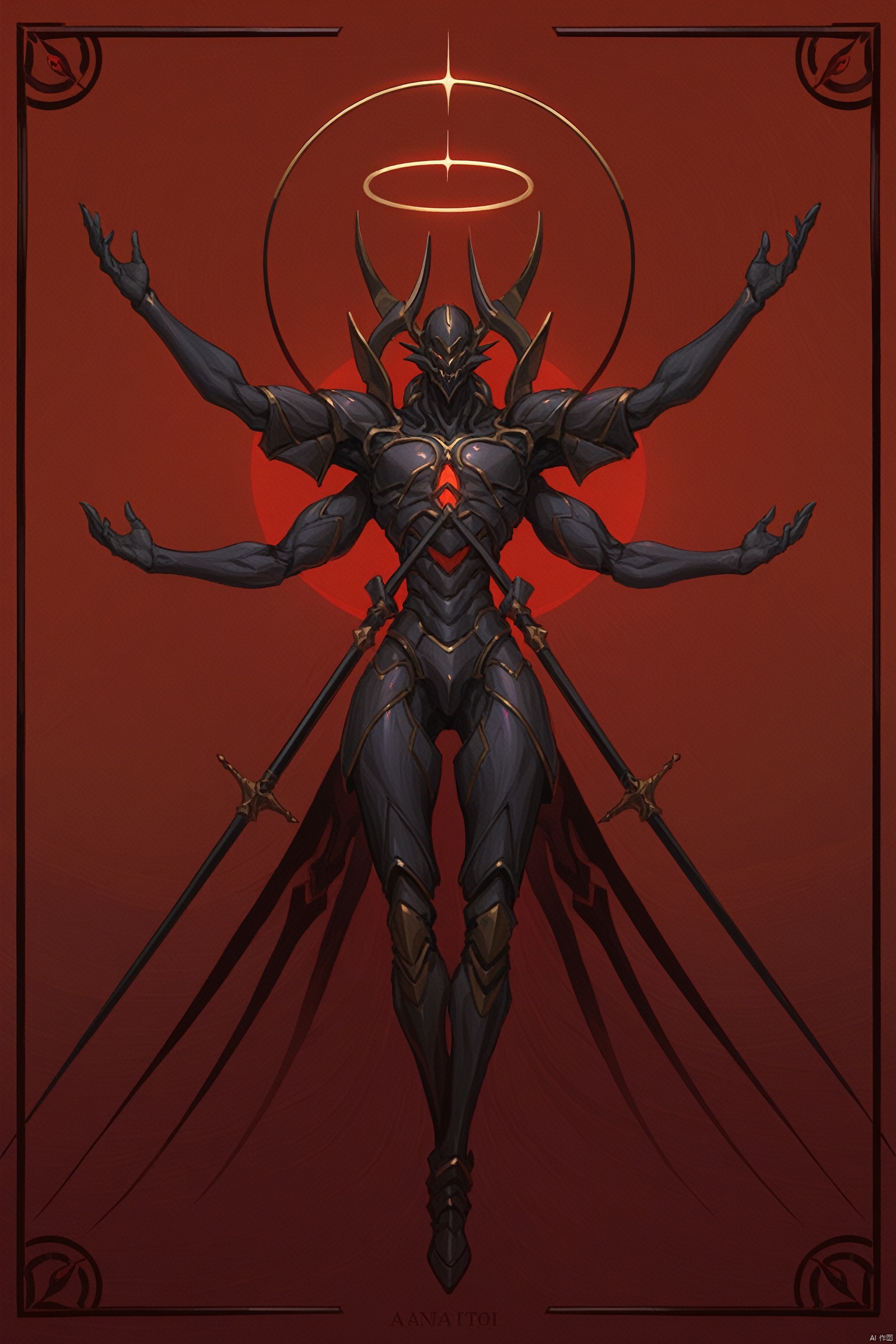  best quality,masterpiece,jijia, 2d, anime, solo, halo, weapon, armor, extra arms, polearm, floating, outstretched arms, helmet, open hands, no humans, spear, full body, full armor,a painting of a demon with five arms,a drawing of a dark character standing in front of a symbol