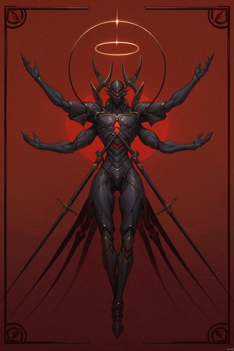  best quality,masterpiece,jijia, 2d, anime, solo, halo, weapon, armor, extra arms, polearm, floating, outstretched arms, helmet, open hands, no humans, spear, full body, full armor,a painting of a demon with five arms,a drawing of a dark character standing in front of a symbol