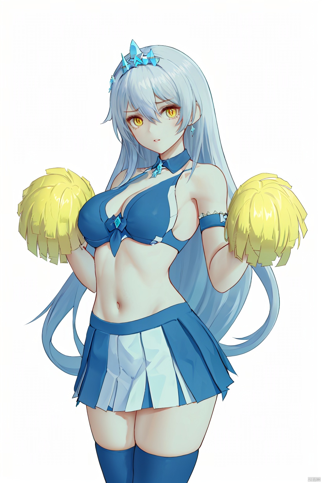  8k, best quality, masterpiece, (ultra-detailed:1.1), (high detailed skin), miyuki, Art style, clean and crisp picture, 1girl, nonomi (blue archive), breasts, solo, green eyes, pom pom (cheerleading), cheerleader, long hair, thighhighs, skirt, looking at viewer, large breasts, panties, hibiki (cheerleader) (blue archive), cleavage, white thighhighs, navel, underwear, hair bun, white background, cosplay, holding, simple background, parted lips, yellow panties, skindentation, bangs, holding pom poms, white skirt,pleated skirt, thighs, stomach, detached collar, bikini  
//////////////
nai3, 1girl, solo
\\\\\\\\\\\\\\
lindong,1girl,kiana kaslana,long hair,bare shoulders,yellow eyes,bangs,breasts,jewelry,diamond-shaped pupils,hair between eyes,(tiara,Crystal tiara,Trident tiara), melowh