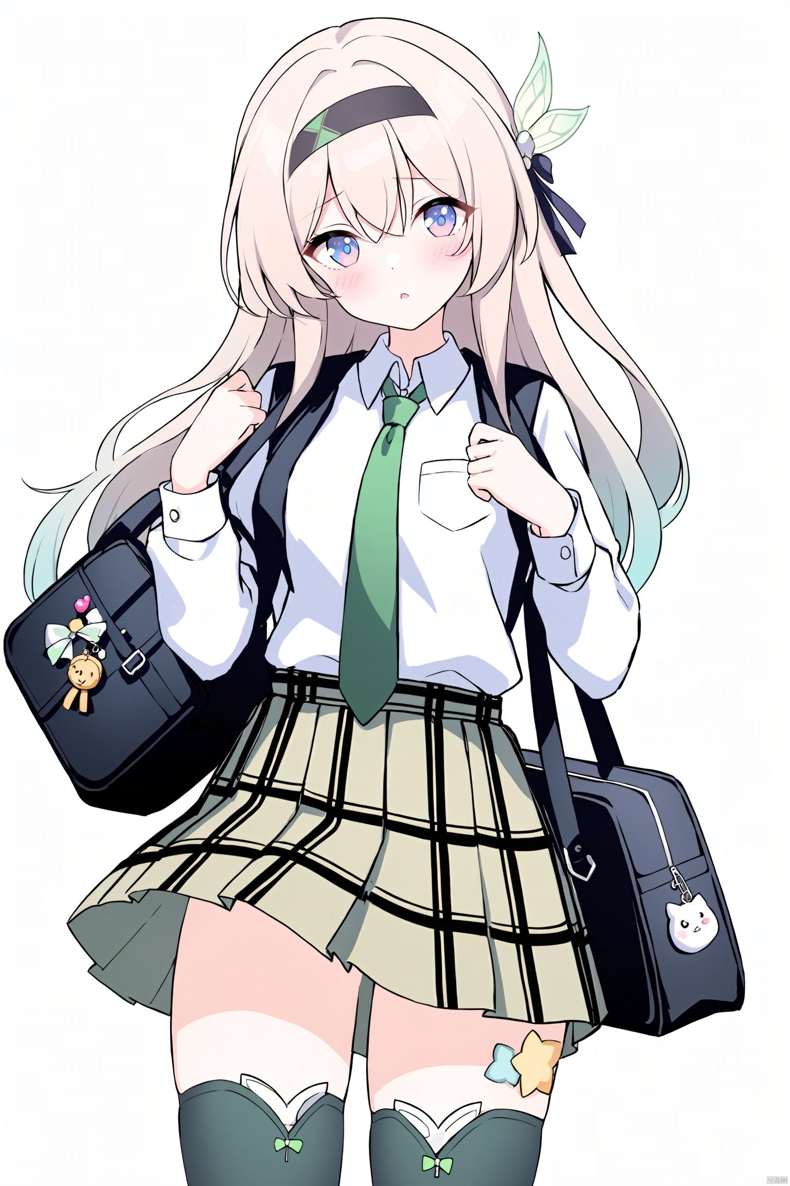  nai3,masterpiece, best quality,1girl, alternate costume, solo, bag, looking at viewer, blush, plaid, charm (object), bag charm, bangs, contemporary, sidelocks, jewelry, character name, female woman, white background, \\\\\\\\\ nai3, masterpiece, best quality,1girl, school uniform, alternate costume, solo, skirt, bag, necktie, multicolored hair, looking at viewer, blush, plaid skirt, school bag, plaid, charm (object), bag charm, sidelocks, jewelry, pleated skirt, green skirt, white shirt, green necktie, collared shirt, character name, female child, white background,school_uniform,school_girl,school_uniforms, \\\\\\\\\\\, liuying,1girl,black thighhighs,blue eyes,hairband,long hair,black hairband,