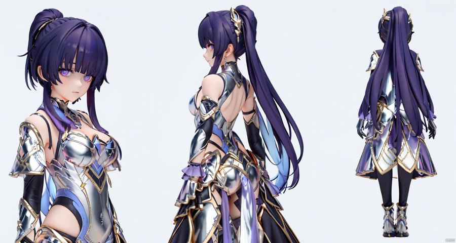  8k, best quality, masterpiece, (ultra-detailed:1.1), (high detailed skin),
,\\\\\\\\\\\\\\\\\\\\\
shiyuan, (Metal armor, Metallic clothes:1.3),1girl, gloves, full body, looking at viewer, purple eyes, long hair, black gloves, bangs, bare shoulders, purple hair, gloves, hair ornament, ponytail
\\\\\\\\\\\\\\\\\\\\\\\ 
, clothesviews, Different clothes, Dress-up display, multiple views, looking_at_viewer,full body, back ,white background, simple background, 
,
