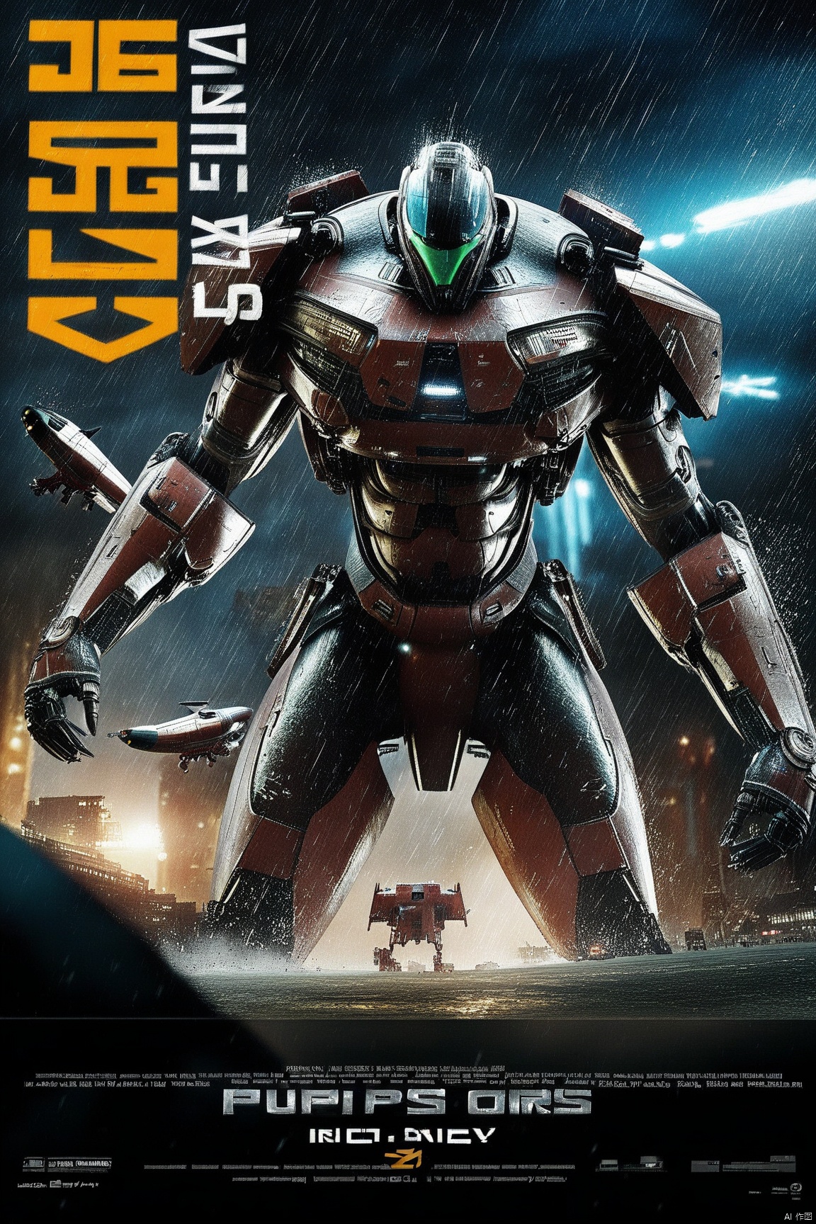  score_9, score_8_up, score_7_up, score_6_up,jijia, 3d, CG, robot, mecha, science fiction, realistic, no humans, english text, aircraft, damaged, helicopter, rain, lights,a movie poster with a giant robot on it,a poster for a movie about an alien, and an alien is coming to attack people