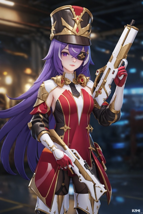  best quality,masterpiece,8k,(ultra-detailed),jijia, 3d, CG, weapon, 1girl, gun, solo, rifle, holding weapon, assault rifle, holding, blurry background, armor, holding gun,  blurry, science fiction, realistic,a woman holding a gun,the female alien is holding a gun,
xwl, def clothe, 1girl, eyepatch, purple hair, purple eyes, long hair, hat, red gloves,