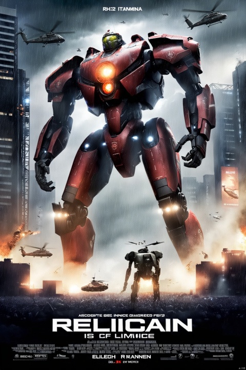  best quality,masterpiece,8k,(ultra-detailed),jijia, 3d, CG, robot, mecha, science fiction, realistic, no humans, english text, aircraft, damaged, helicopter, rain, lights,a movie poster with a giant robot on it,a poster for a movie about an alien, and an alien is coming to attack people