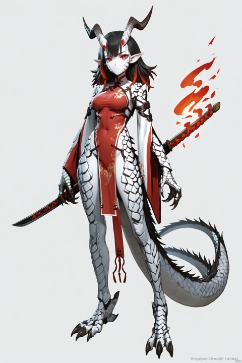 score_9, score_8_up, score_7_up, score_6_up,jijia, 3d, CG,  realistic, 1girl, solo, weapon, sword, horns, tail, red eyes, holding, black hair, holding sword, holding weapon, dragon girl, claws, full body, dragon tail, dragon horns, fire, grey background, long hair, simple background, scales, looking at viewer, slit pupils, breasts, standing, closed mouth, wide sleeves, dress, long sleeves, colored skin, covered navel, medium breasts, multicolored hair, monster girl, bangs, pointy ears, sidelocks, pelvic curtain, katana, chinese clothes,a drawing of a woman holding a sword,a person with wings and a knife on their arm