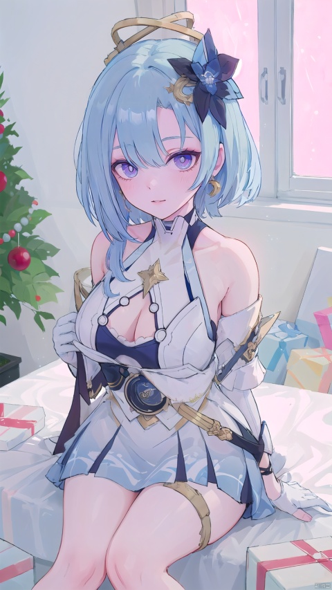  1 girl, solo, portrait, in Sexy off-the-shoulder Christmas skirt, look at viewer, blue eyes,Cool tone, Professional studio, Behind is the Christmas tree and Christmas presents, short hair, necklace, earings, elegant, , light master

dglx, 1girl, gloves, purple eyes, blue hair, 