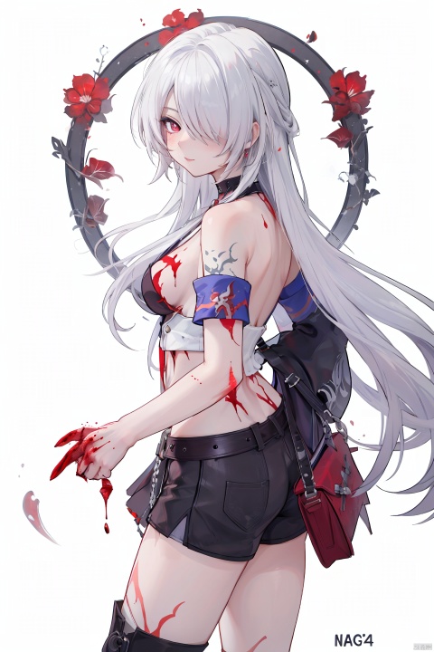  masterpiece, best quality,1girl, alternate costume, solo, bag, looking at viewer, blush, plaid, charm (object), bag charm, bangs, contemporary, sidelocks, jewelry, character name, female woman, white background, 
\\\\\\\\\\\,
(whuangquan:1.2),white hair,asymmetrical clothes,(bloody hand,red hand:1.35) eyes,long hair,hair over one eye,shorts,
, jijianchahua, loli