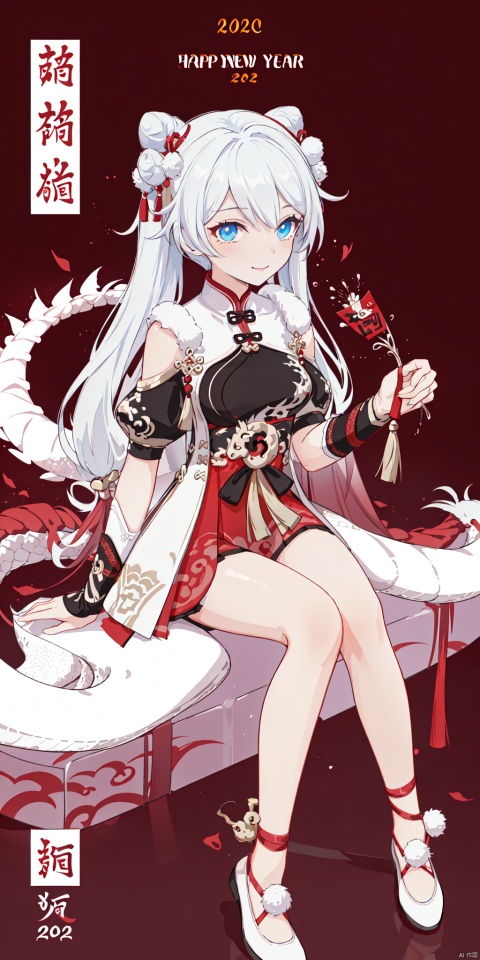  {artist:rella}, {artist:ask(askzy)},[artist:ningen_mame],artist:ciloranko, [artist:rei(sanbonzakura)],(hyper cute girl:1.1025), (flat color, vector art:1.3401), Chinese dragon theme, beautiful detailed eyes, hyper-detailed, hyper quality, eye-beautifully color, face, (her hair is shaped like a Chinese dragon, Chinese dragon, hair, Chinese dragon:1.2763), (1girl:1.2155), (high details, high quality:1.1576), (backlight:1.1576), high quality, (title:happy new year 2024:1.3), (cover design:1.2), simple background, cover art, trim, album_art, 
/, /, /, /, /, /, /, 
1girl, (chibi), xuetu, blue eyes, white hair, chinese clothes, double bun, bangs, short dress,
/, /, /, /, 
(((holding a little Chinese dragon))), (((sitting, Chinese dragon on legs))), [[smile]], large breast, dragon, (((Chinese dragon print))), (Loong:1.2), pajamas, kimono, bare shoulders, 
/, /, /, /, /, /, 
Chinese text,red_bandeau,year of the loong,loong pattern,lantern, red background, ((simple background)), ((happy new year 2024, new year theme, new year, 2024, gift box,)), (red decorations on dragon), ((Chinese new year)), Chinese knot, red ornaments, spring festival, 
/, /, /, /, /, /, /, 
hair with body, CTA dress, CAY leg, Loong hands, body with Loong, dress with Loong, light particles, (Hair with Loong:1.2155), small breast with Loong, 1girl, small breast, marbling with hair and clothes, (original:1.1025), (arm down:1.1025), (paper cutting:1.1025), 
------, 
Low saturation, grand masterpiece, Perfect composition, film light, light art
,鏃�