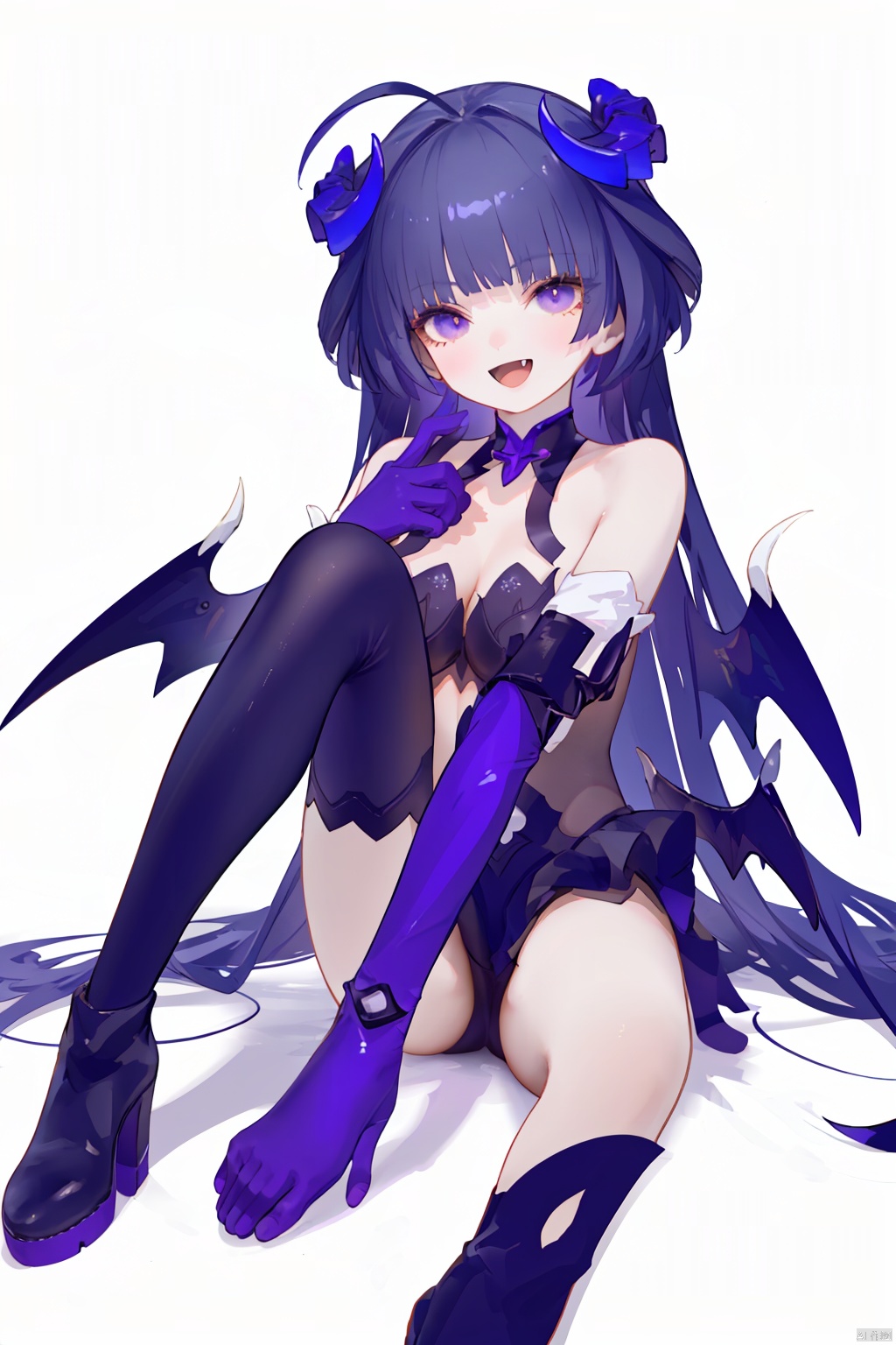  nai3, 1girl, solo, ahoge, virtual youtuber, , flower, looking at viewer, sitting, open mouth, smile,bangs,between legs, :d, hand between legs, blue background, fang, feet out of frame,haoche,violet,
\\\\\\\\\\\\\\
meimo, succubus, 1girl, gloves, raiden mei, elbow gloves, long hair, bangs, (single thighhigh:1.2), bare shoulders, breasts, purple gloves, boots, succubus wings, demon girl, masterpiece