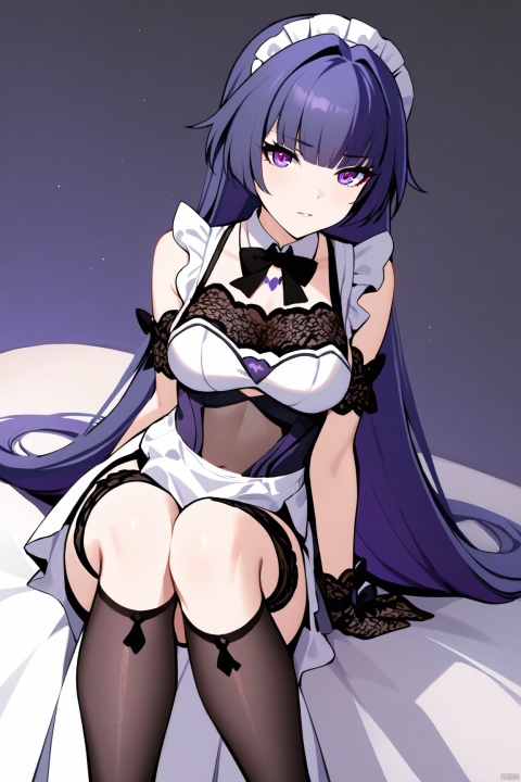  quality,masterpiece, aiden mei, 1girl, long hair, purple eyes, purple hair,bangs,Maid outfit,Maid Dress, apron, lace headband, knee-high socks, lace gloves, bow tie, 

