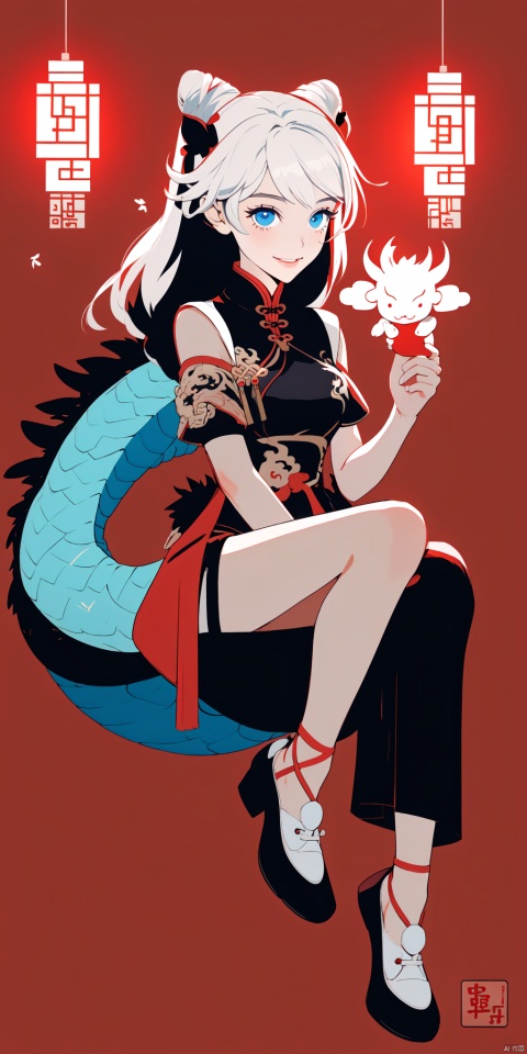  {artist:rella}, {artist:ask(askzy)},[artist:ningen_mame],artist:ciloranko, [artist:rei(sanbonzakura)],(hyper cute girl:1.1025), (flat color, vector art:1.3401), Chinese dragon theme, beautiful detailed eyes, hyper-detailed, hyper quality, eye-beautifully color, face, (her hair is shaped like a Chinese dragon, Chinese dragon, hair, Chinese dragon:1.2763), (1girl:1.2155), (high details, high quality:1.1576), (backlight:1.1576), high quality, (title:happy new year 2024:1.3), (cover design:1.2), simple background, cover art, trim, album_art, 
/, /, /, /, /, /, /, 
1girl, (chibi), xuetu, blue eyes, white hair, chinese clothes, double bun, bangs, short dress,
/, /, /, /, 
(((holding a little Chinese dragon))), (((sitting, Chinese dragon on legs))), [[smile]], large breast, dragon, (((Chinese dragon print))), (Loong:1.2), pajamas, kimono, bare shoulders, 
/, /, /, /, /, /, 
Chinese text,red_bandeau,year of the loong,loong pattern,lantern, red background, ((simple background)), ((happy new year 2024, new year theme, new year, 2024, gift box,)), (red decorations on dragon), ((Chinese new year)), Chinese knot, red ornaments, spring festival, 
/, /, /, /, /, /, /, 
hair with body, CTA dress, CAY leg, Loong hands, body with Loong, dress with Loong, light particles, (Hair with Loong:1.2155), small breast with Loong, 1girl, small breast, marbling with hair and clothes, (original:1.1025), (arm down:1.1025), (paper cutting:1.1025), 
------, 
Low saturation, grand masterpiece, Perfect composition, film light, light art
