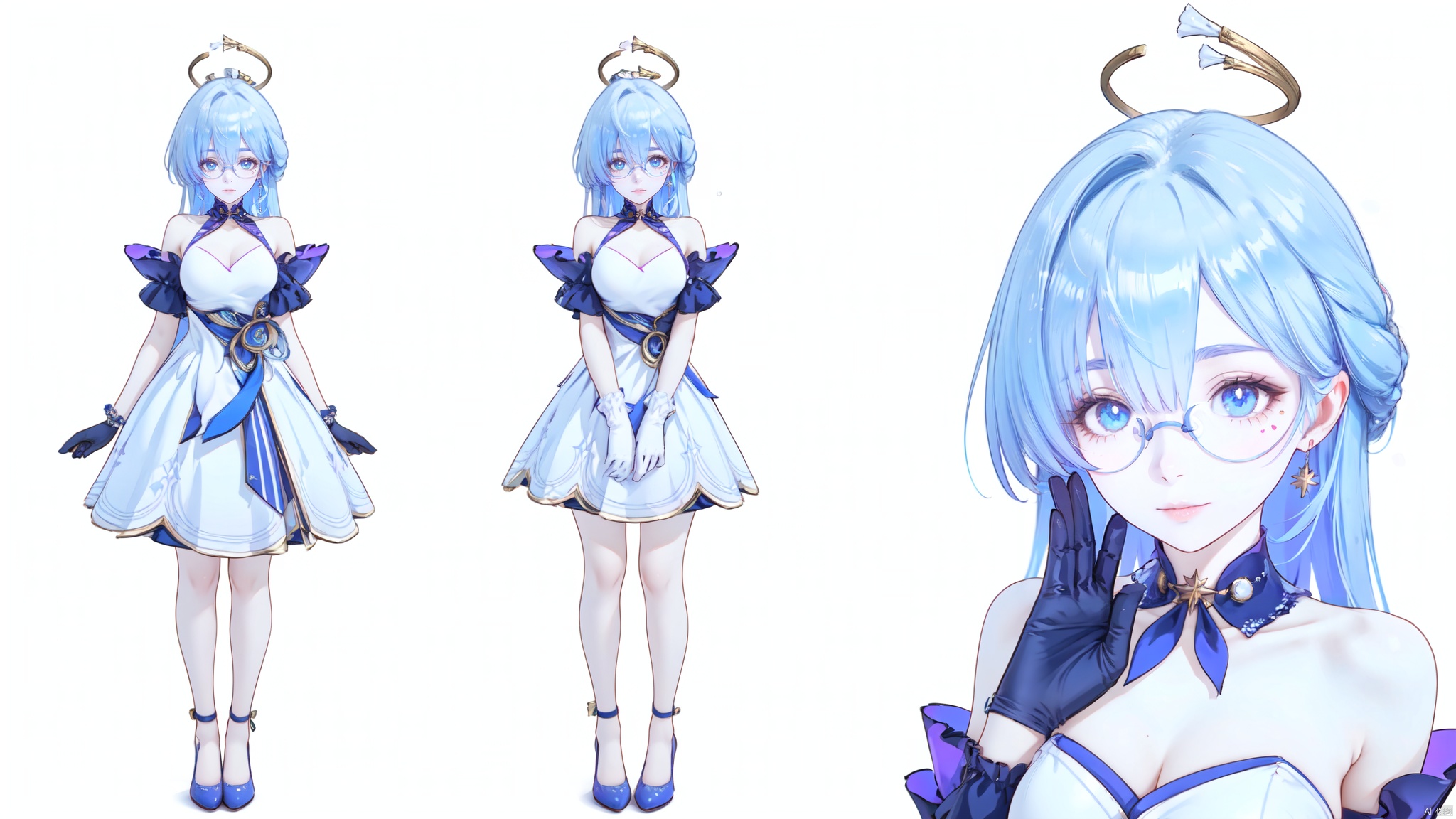  8k, best quality, masterpiece, (ultra-detailed:1.1), (high detailed skin),
(full body:1.3),
////////////////////////
zgn,1girl,long hair,halo,blue eyes,gloves,bangs,white dress,bare shoulders,blue hair,blue footwear,
///////////////////////////////
clothesviews,Differentclothes,Dress-updisplay,multipleviews,maid,t-shirt,blue_jeans,glasses,bunny_suit ,sports_uniform,nurse,white background, simple background,
\\\\\\\\\\\\\\\\\\\\\\
(beautiful_face), ((intricate_detail)), clear face,
((finely_detailed)), fine_fabric_emphasis,
((glossy)), full_shot, Anime, melowh, Art style, fantasy
