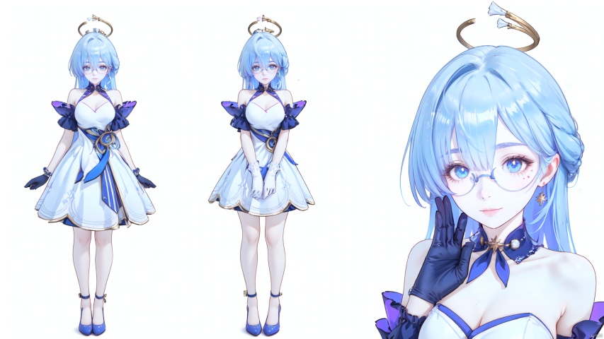  8k, best quality, masterpiece, (ultra-detailed:1.1), (high detailed skin),
(full body:1.3),
////////////////////////
zgn,1girl,long hair,halo,blue eyes,gloves,bangs,white dress,bare shoulders,blue hair,blue footwear,
///////////////////////////////
clothesviews,Differentclothes,Dress-updisplay,multipleviews,maid,t-shirt,blue_jeans,glasses,bunny_suit ,sports_uniform,nurse,white background, simple background,
\\\\\\\\\\\\\\\\\\\\\\
(beautiful_face), ((intricate_detail)), clear face,
((finely_detailed)), fine_fabric_emphasis,
((glossy)), full_shot, Anime, melowh, Art style, fantasy